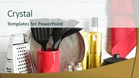  Presentation with oil plastic - PPT theme consisting of scapula - plastic kitchen utensils in red background and a sky blue colored foreground