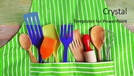  Presentation with kitchen utensils - Amazing PPT theme having scapula - set of kitchen utensils backdrop and a seafoam green colored foreground