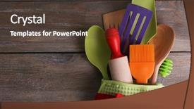  Presentation with kitchen utensils - Colorful PPT theme enhanced with scapula - set of kitchen utensils backdrop and a tawny brown colored foreground