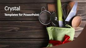  Presentation with kitchen utensils - Colorful presentation design enhanced with scapula - set of kitchen utensils backdrop and a tawny brown colored foreground