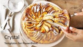  Presentation with homemade pastry apple pie pies - PPT layouts consisting of scapula - woman cuts homemade apple cake background and a coral colored foreground