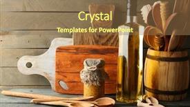  Presentation with olive oil bottle - Theme featuring scapula - wooden kitchen utensils with glass background and a tawny brown colored foreground