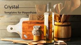  Presentation with olive oil bottle - Slides consisting of scapula - wooden kitchen utensils with glass background and a coral colored foreground