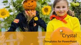  Presentation with happy thanksgiving - Slide deck having scarecrow and happy girl background and a gold colored foreground