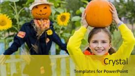  Presentation with happy thanksgiving - Audience pleasing PPT theme consisting of scarecrow and happy girl backdrop and a gold colored foreground