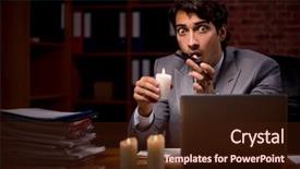 Presentation with late - Slide set featuring scared audit - businessman working late in office background and a wine colored foreground