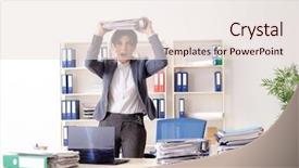  Presentation with audit - Presentation enhanced with scared audit - middle aged businesslady unhappy background and a  colored foreground