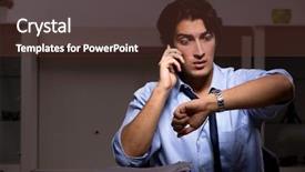  Presentation with work - Slide deck with scared audit - young handsome employee and too background and a  colored foreground