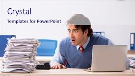  Presentation with audit - Colorful presentation theme enhanced with scared audit - young handsome employee unhappy backdrop and a sky blue colored foreground