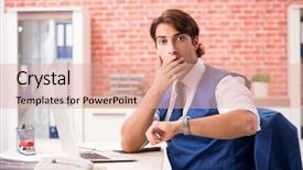  Presentation with employee - Presentation theme featuring scared audit - young handsome employee working background and a  colored foreground