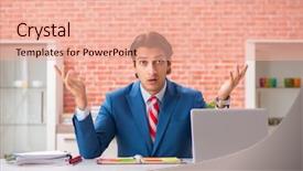  Presentation with employee - Beautiful slide set featuring scared audit - young handsome employee working backdrop and a coral colored foreground