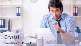  Presentation with ethical employee - Amazing PPT theme having scared audit - young male businessman employee unhappy backdrop and a sky blue colored foreground