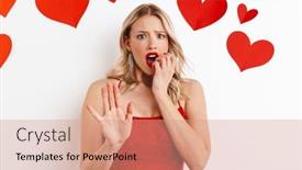  Presentation with stop - Theme consisting of scared-beautiful-girl-showing-stop background and a coral colored foreground