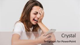  Presentation with sadness woman cry - Colorful slide deck enhanced with scared crying woman holding mobile backdrop and a coral colored foreground