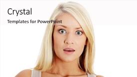  Presentation with woman praying over bible - Cool new slides with scared face - shocked woman portrait over white backdrop and a  colored foreground