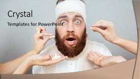  Presentation with pills - Presentation enhanced with scared fearful bandaged man taking background and a light gray colored foreground