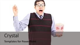  Presentation with popcorn - Beautiful slide deck featuring scared guy holding a popcorn box and screaming isolated on white background backdrop and a wine colored foreground