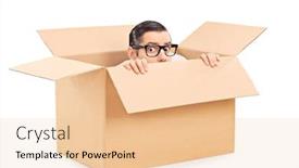  Presentation with box carton - PPT layouts consisting of scared man hiding in a carton box isolated on white background background and a lemonade colored foreground