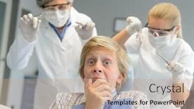  Presentation with dental assistant - PPT theme consisting of scared teenage patient boy at dental clinic frightening dentist assistant background and a coral colored foreground