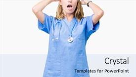  Presentation with woman hands open - Beautiful presentation design featuring scared with hands on head backdrop and a  colored foreground