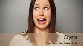  Presentation with woman stuck in ladder - Presentation design featuring scared woman looking at something background and a coral colored foreground