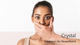  Presentation with woman covering man mouth hand - Beautiful presentation featuring scared young african woman looking backdrop and a lemonade colored foreground