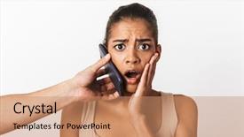  Presentation with mobile phone in woman hand - Slides featuring scared young african woman sitting background and a coral colored foreground