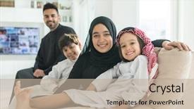  Presentation with muslim family - Slide set with scarfs dubai - muslim arabian family on sofa background and a mint green colored foreground