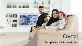  Presentation with muslim family - Audience pleasing slide set consisting of scarfs dubai - muslim arabian family on sofa backdrop and a soft green colored foreground