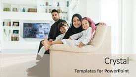  Presentation with home black family - Amazing slide deck having scarfs dubai - muslim arabian family on sofa backdrop and a soft green colored foreground