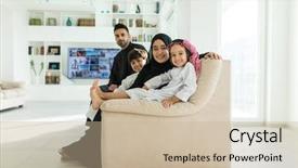  Presentation with muslim family - PPT layouts consisting of scarfs dubai - muslim arabian family on sofa background and a mint green colored foreground