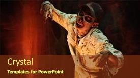  Presentation with zombie - Presentation design enhanced with scary bloodthirsty zombie man in a ruined building horror halloween background and a tawny brown colored foreground