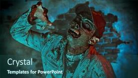  Presentation with zombie - Amazing presentation theme having scary bloodthirsty zombie man in a ruined building horror halloween backdrop and a ocean colored foreground