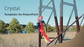 Presentation with red blue yellow - PPT layouts having scary clown wearing a colorful yellow red and blue costume outdoors stacking out his tongue and doing the sign of the horns while hanging from the rusty structure of an abandoned billboard background and a light blue colored foreground