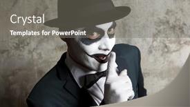  Presentation with evil - Slides featuring scary evil clown wearing a bowler hat on wall background background and a gray colored foreground