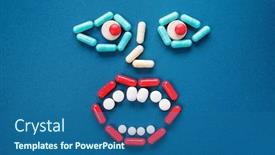  Presentation with medication - Beautiful slide deck featuring scary face made of pills and medication on a blue textured background backdrop and a ocean colored foreground