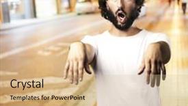  Presentation with night city - Colorful slide deck enhanced with scary ghost - young man imitating a zombie backdrop and a coral colored foreground