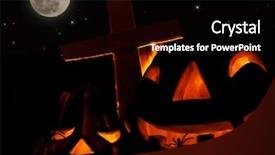  Presentation with cross fire - Presentation enhanced with scary glowing pumpkin decoration with creepy spider burning fire cross on the cemetery halloween fun mysterious holiday celebration background and a black colored foreground