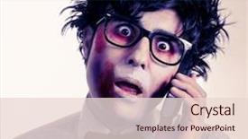  Presentation with zombie - Cool new presentation theme with scary hipster zombie with black plastic-rimmed eyeglasses talking on the phone with a retro effect backdrop and a lemonade colored foreground