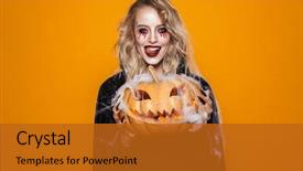  Presentation with black woman - Colorful slide set enhanced with scary lady - dangerous woman wearing black costume backdrop and a gold colored foreground