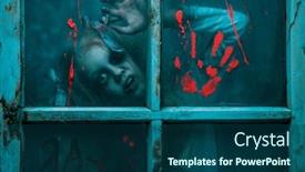  Presentation with scary movie - Presentation design consisting of scary little zombie girl behind the dirty window in blood halloween horror movie background and a ocean colored foreground