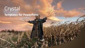  Presentation with scary halloween - PPT theme having scary-scarecrow-in-a-hat background and a coral colored foreground