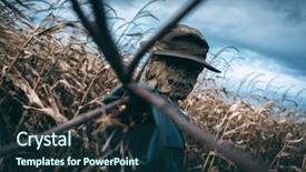  Presentation with scary halloween - PPT theme with scary scarecrow in a hat background and a navy blue colored foreground