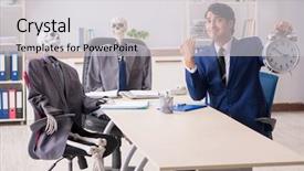  Presentation with skeletons - Cool new PPT theme with scary times - funny business meeting with boss backdrop and a light gray colored foreground