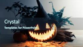  Presentation with tobacco leaves closeup - Theme having scary traditional smiley pumpkin lantern background and a navy blue colored foreground