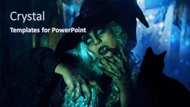  Presentation with scary halloween - Audience pleasing presentation design consisting of scary-ugly-witch-stands backdrop and a navy blue colored foreground