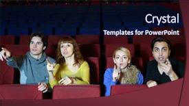  Presentation with finger point - Slides enhanced with scary woman - four young friends amaze background and a navy blue colored foreground