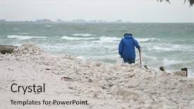  Presentation with lost - Presentation theme with scavenger hunt - elderly woman searching the beach background and a light gray colored foreground