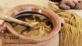  Presentation with traditional musical instruments angklung wood - Slide deck featuring sceins - closeup of an earthenware pot background and a coral colored foreground