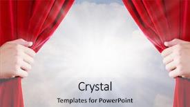  Presentation with red curtain - Presentation theme featuring scenario - close up of hand opening background and a light gray colored foreground